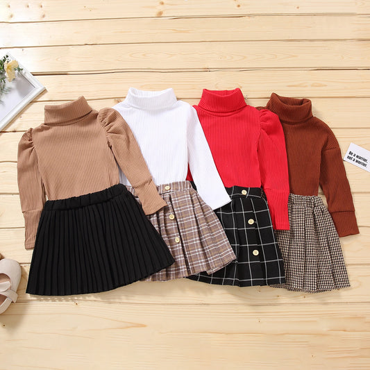 Solid Turtleneck Knitwear Pleated Skirt