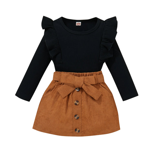 Solid O-Neck Top Black Shirt Bow Skirt