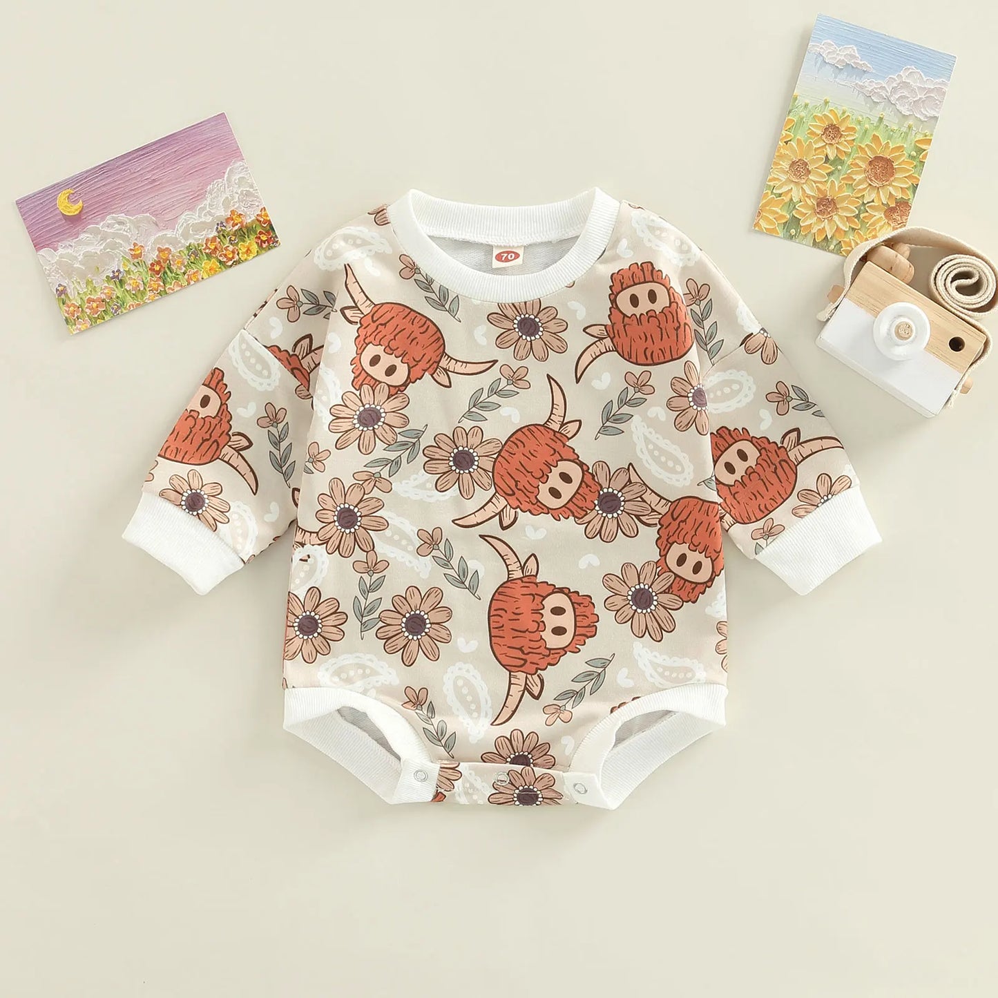 Cartoon Cow Head Cactus/Floral Print Bodysuit