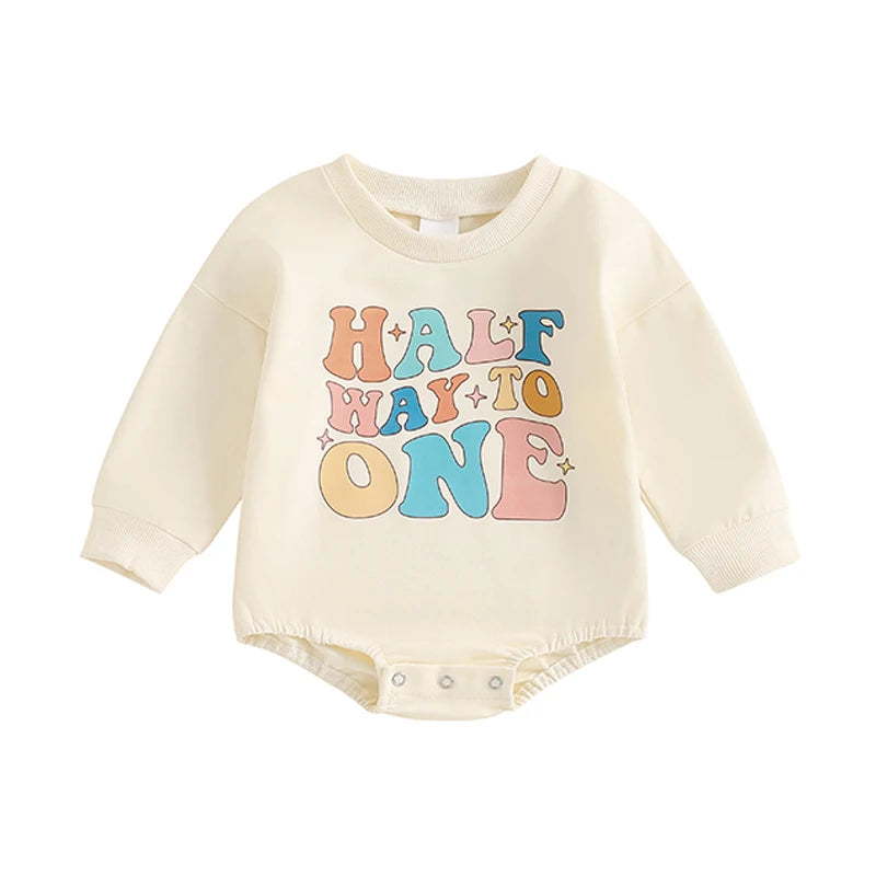 Half 1st Birthday Letter Print Long Sleeve Bodysuits