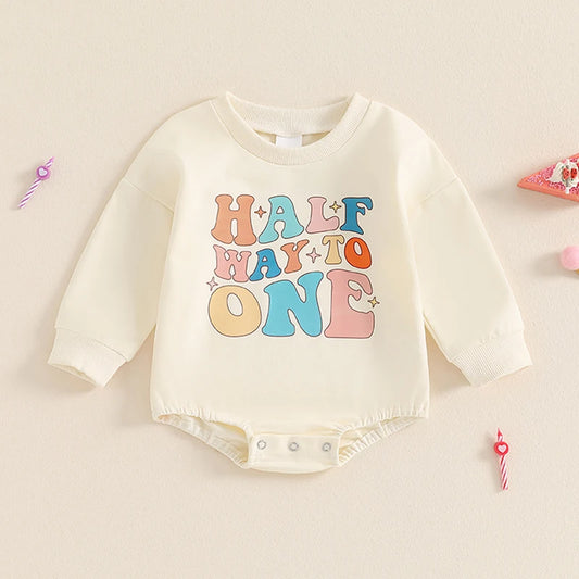 Half 1st Birthday Letter Print Long Sleeve Bodysuits