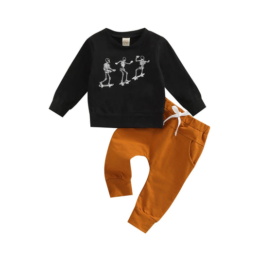 Crew Neck Letters/Skeleton Print T-shirt with Pants