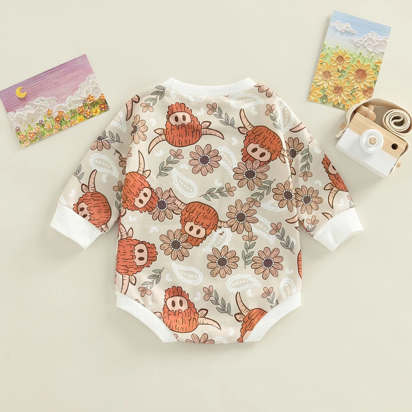 Cartoon Cow Head Cactus/Floral Print Bodysuit