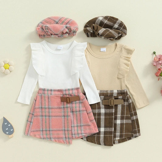 Long Sleeve Plaid Skirts Hat Set