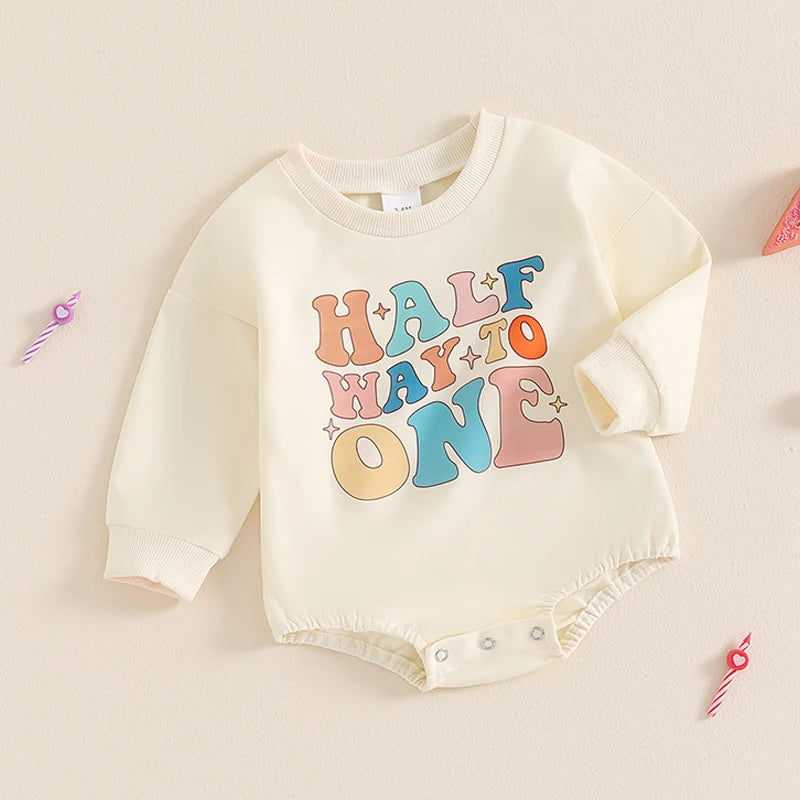Half 1st Birthday Letter Print Long Sleeve Bodysuits