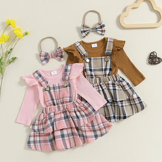 Plaid Print Suspender Skirt and Headband Set