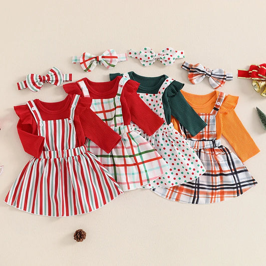 Plaid Suspender Skirt Bow Headband 3 Piece Set