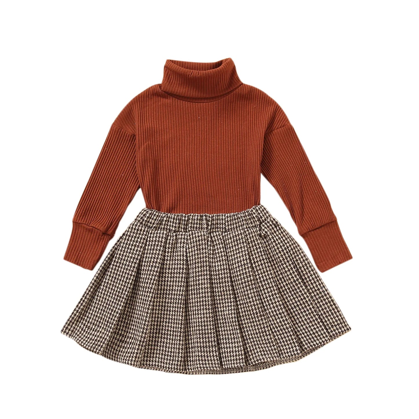 Solid Turtleneck Knitwear Pleated Skirt
