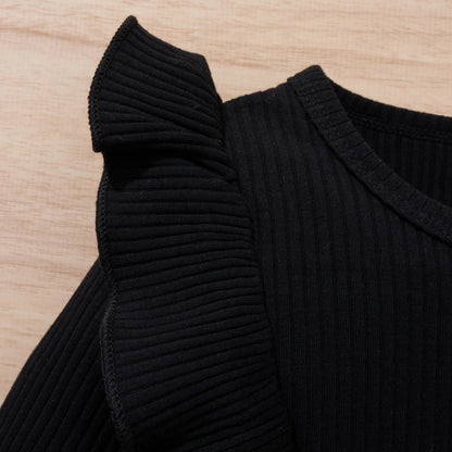 Solid O-Neck Top Black Shirt Bow Skirt