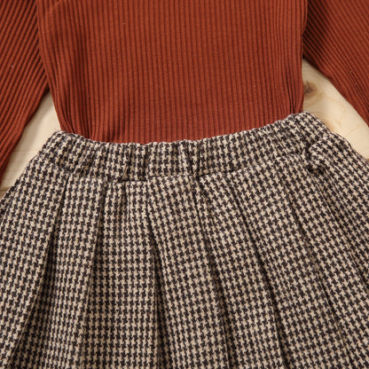 Solid Turtleneck Knitwear Pleated Skirt