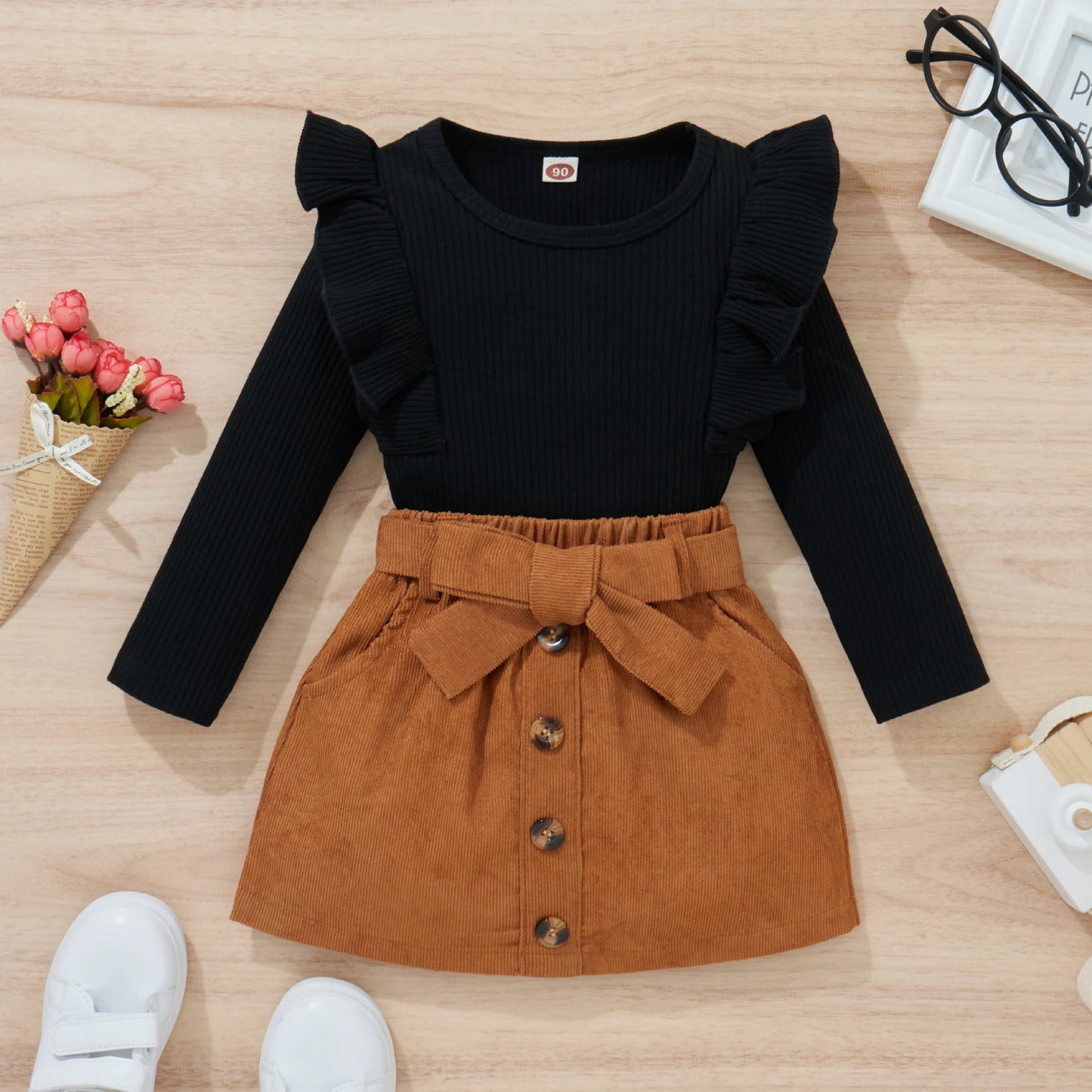 Solid O-Neck Top Black Shirt Bow Skirt