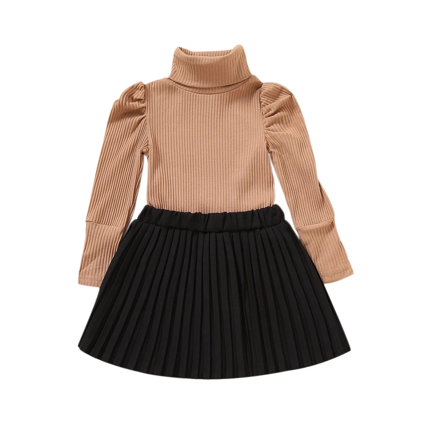 Solid Turtleneck Knitwear Pleated Skirt