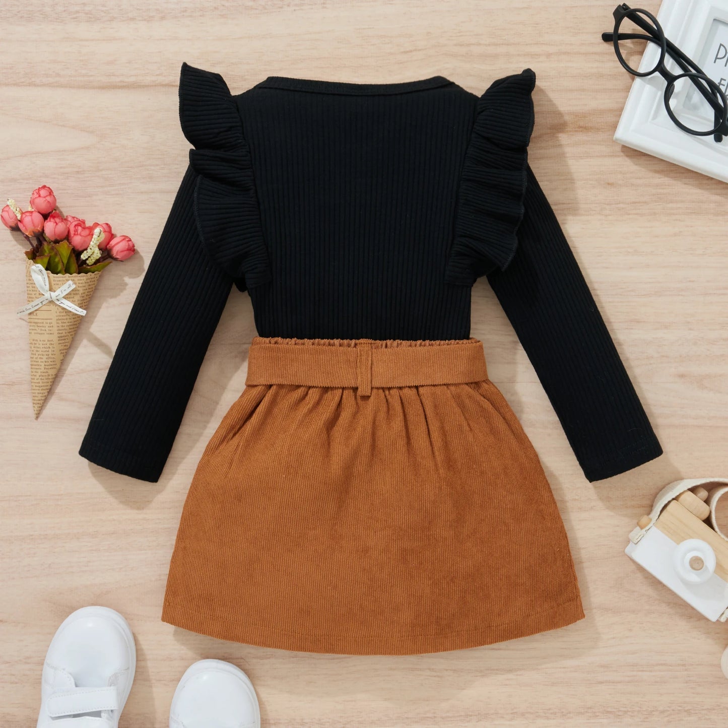 Solid O-Neck Top Black Shirt Bow Skirt