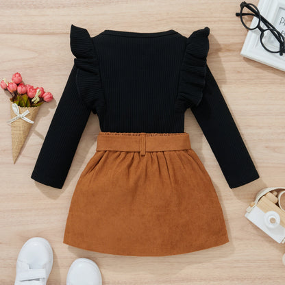Solid O-Neck Top Black Shirt Bow Skirt