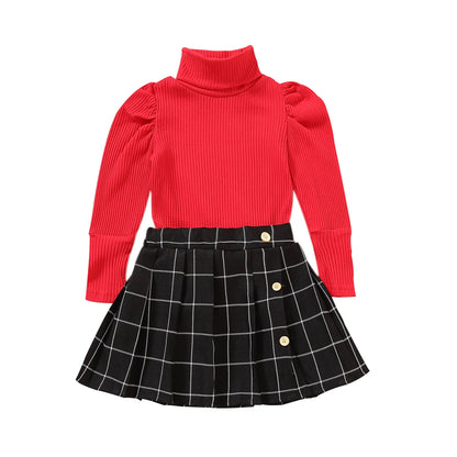 Solid Turtleneck Knitwear Pleated Skirt