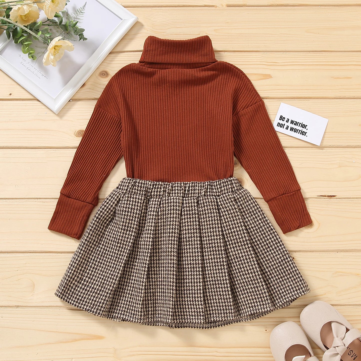 Solid Turtleneck Knitwear Pleated Skirt