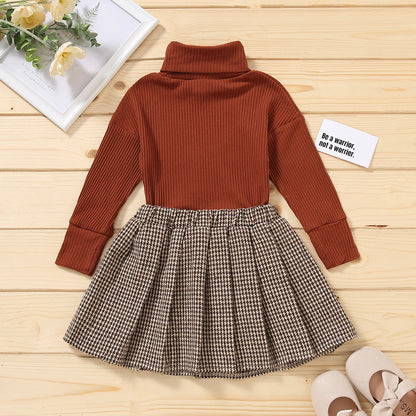 Solid Turtleneck Knitwear Pleated Skirt