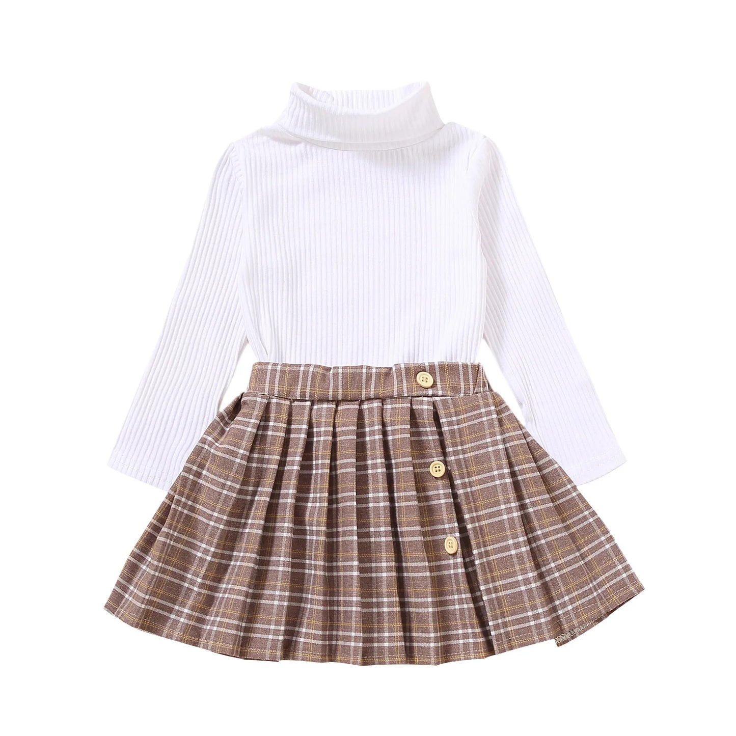 Solid Turtleneck Knitwear Pleated Skirt