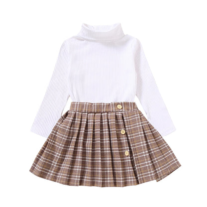 Solid Turtleneck Knitwear Pleated Skirt