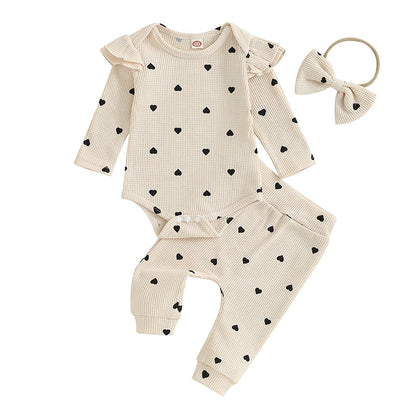 Waffle Knit Heart Romper Pants Headband Set