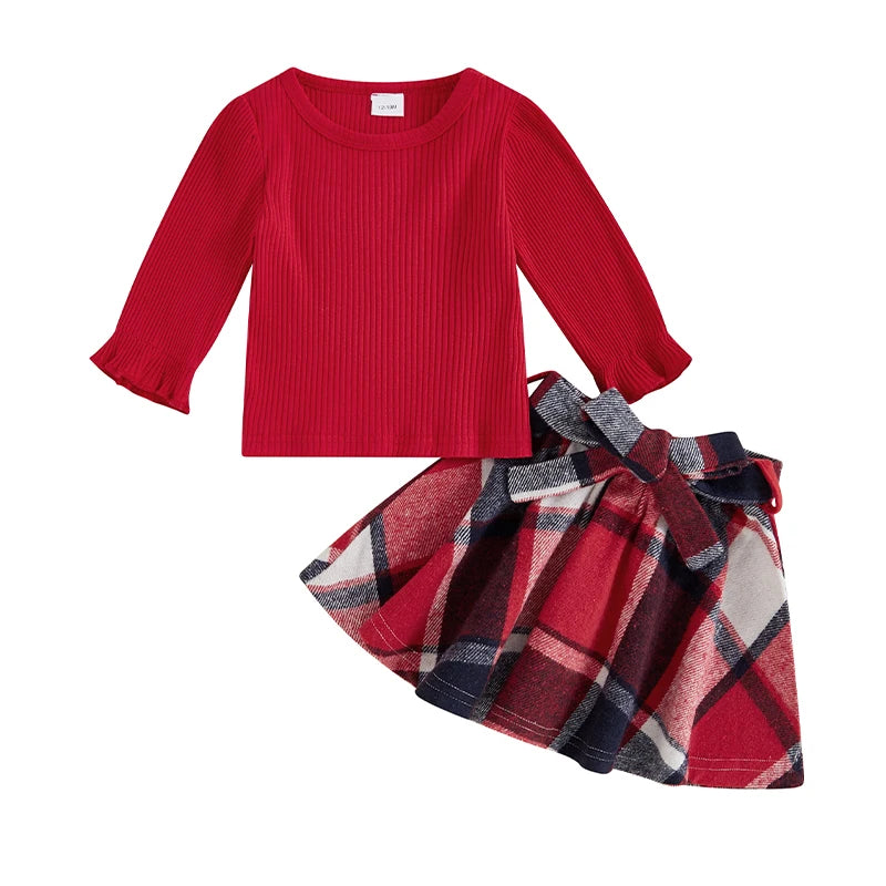 Plaid Print A-Line Skirt and Belt Set