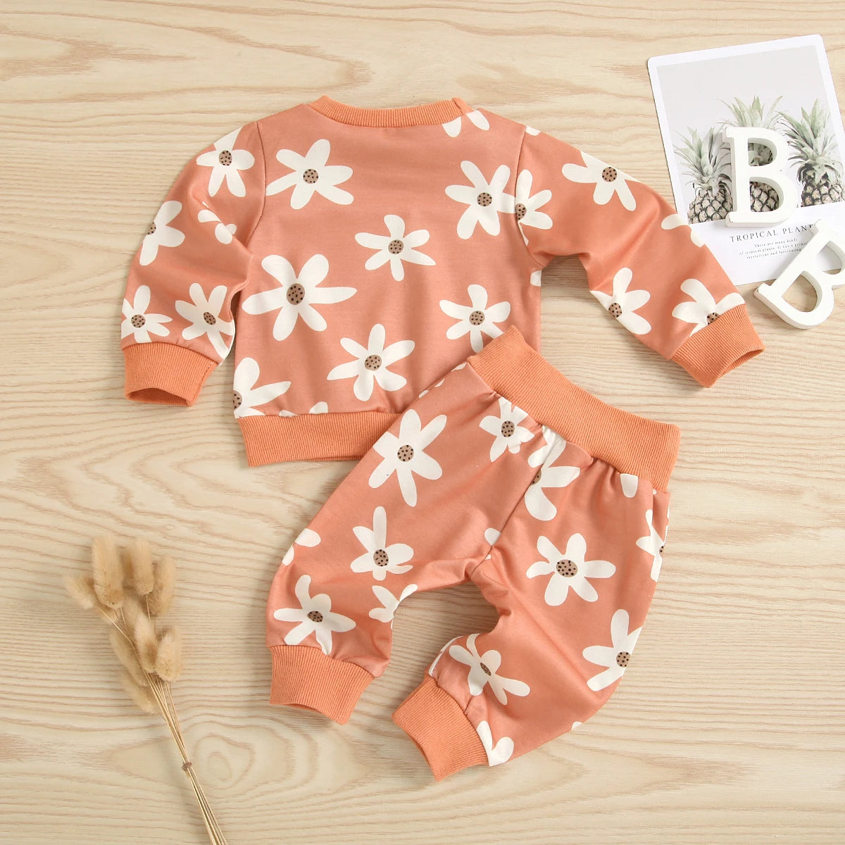 Flower Long Sleeve Tops Long Pants Set