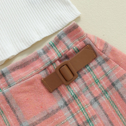 Long Sleeve Plaid Skirts Hat Set