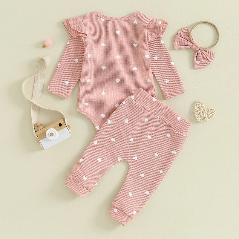 Waffle Knit Heart Romper Pants Headband Set