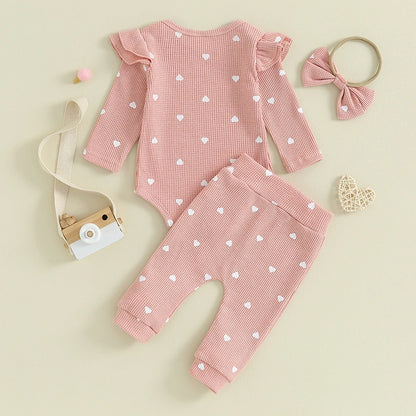 Waffle Knit Heart Romper Pants Headband Set