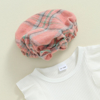 Long Sleeve Plaid Skirts Hat Set