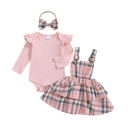 Plaid Print Suspender Skirt and Headband Set