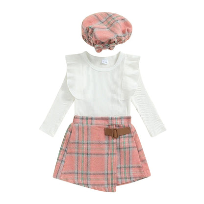 Long Sleeve Plaid Skirts Hat Set