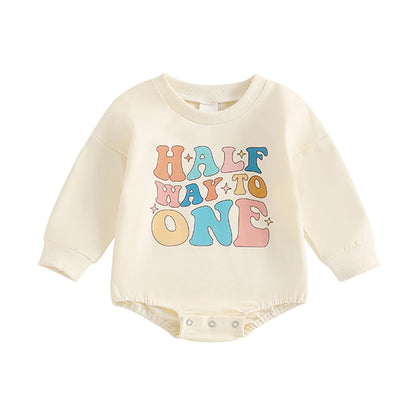 Half 1st Birthday Letter Print Long Sleeve Bodysuits