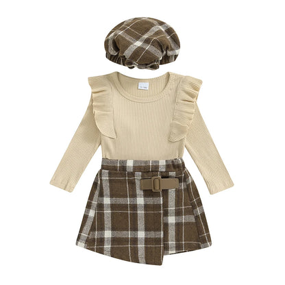 Long Sleeve Plaid Skirts Hat Set