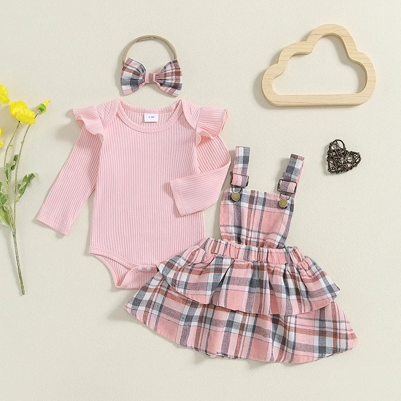 Plaid Print Suspender Skirt and Headband Set