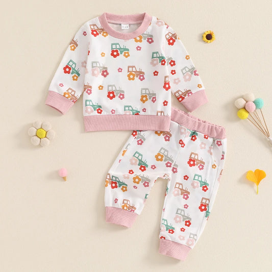 O Neck Floral Tractor Print Tops Pants Sets