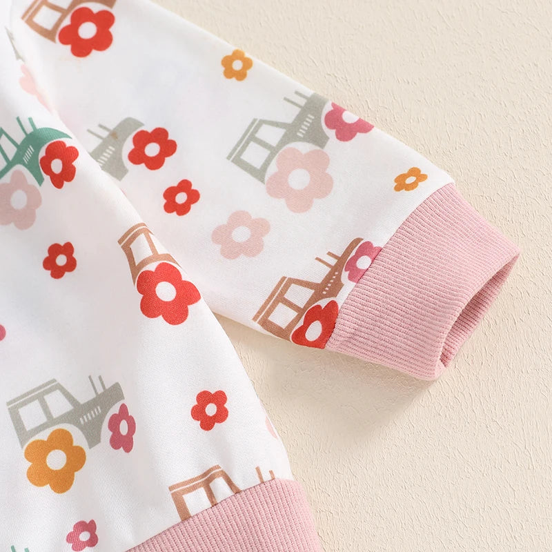 O Neck Floral Tractor Print Tops Pants Sets
