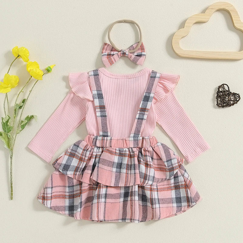 Plaid Print Suspender Skirt and Headband Set