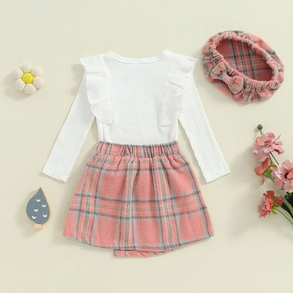 Long Sleeve Plaid Skirts Hat Set