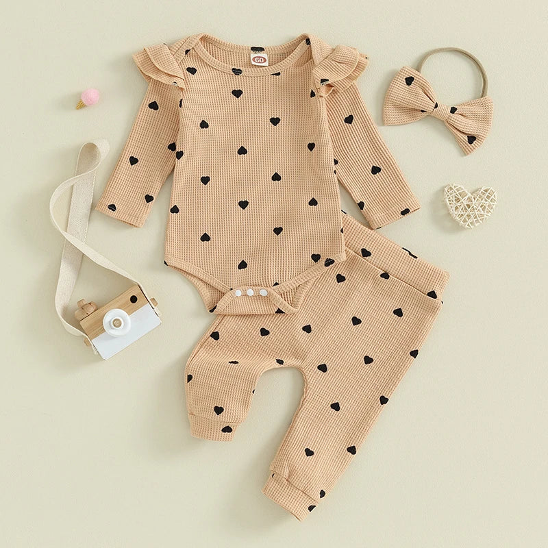 Waffle Knit Heart Romper Pants Headband Set