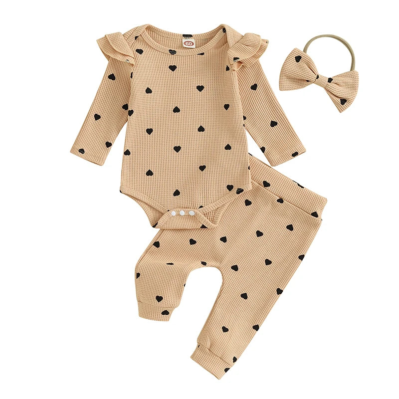 Waffle Knit Heart Romper Pants Headband Set