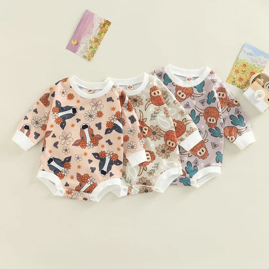 Cartoon Cow Head Cactus/Floral Print Bodysuit