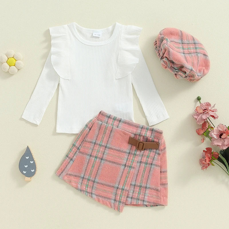 Long Sleeve Plaid Skirts Hat Set