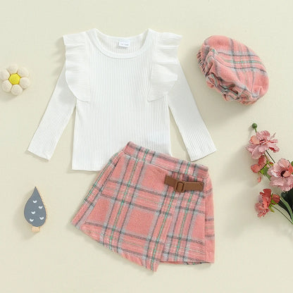 Long Sleeve Plaid Skirts Hat Set