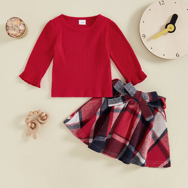 Plaid Print A-Line Skirt and Belt Set