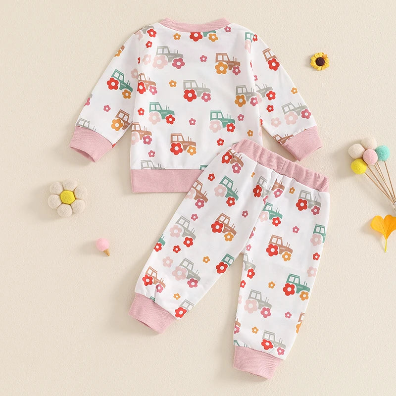 O Neck Floral Tractor Print Tops Pants Sets