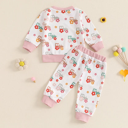 O Neck Floral Tractor Print Tops Pants Sets