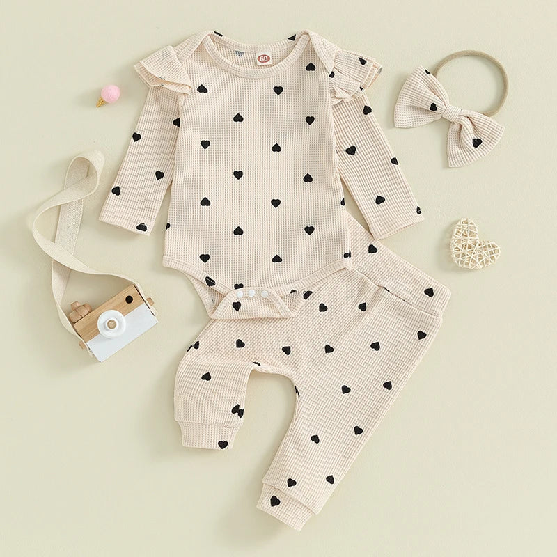 Waffle Knit Heart Romper Pants Headband Set