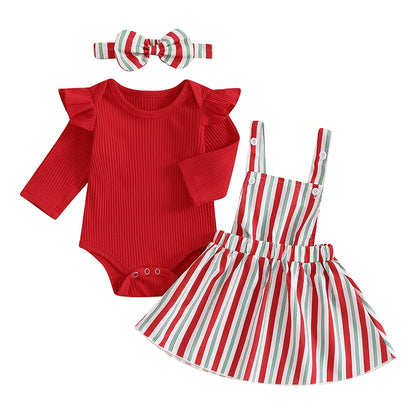 Plaid Suspender Skirt Bow Headband 3 Piece Set