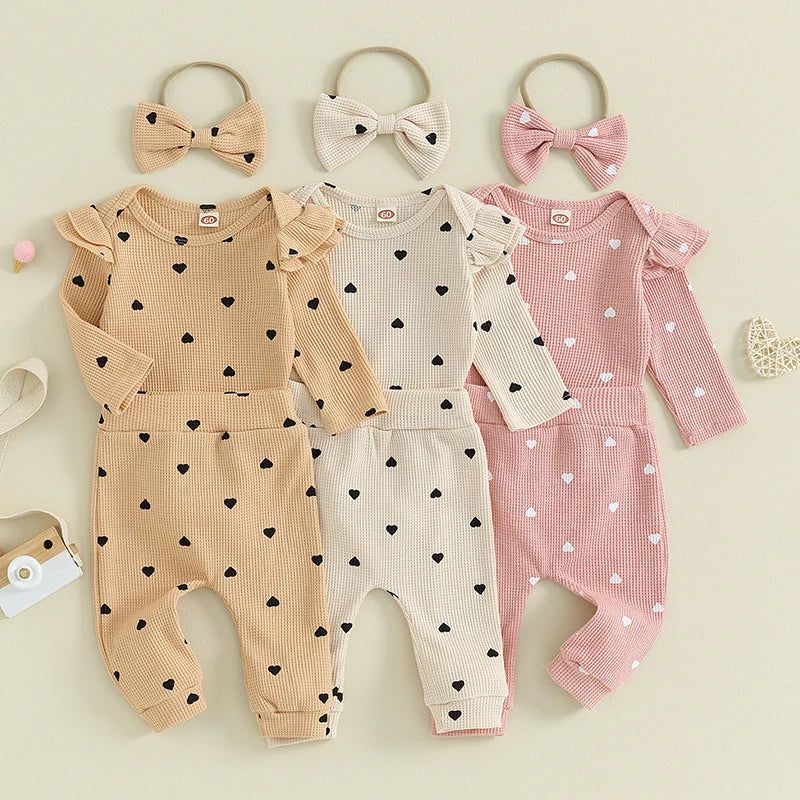 Waffle Knit Heart Romper Pants Headband Set